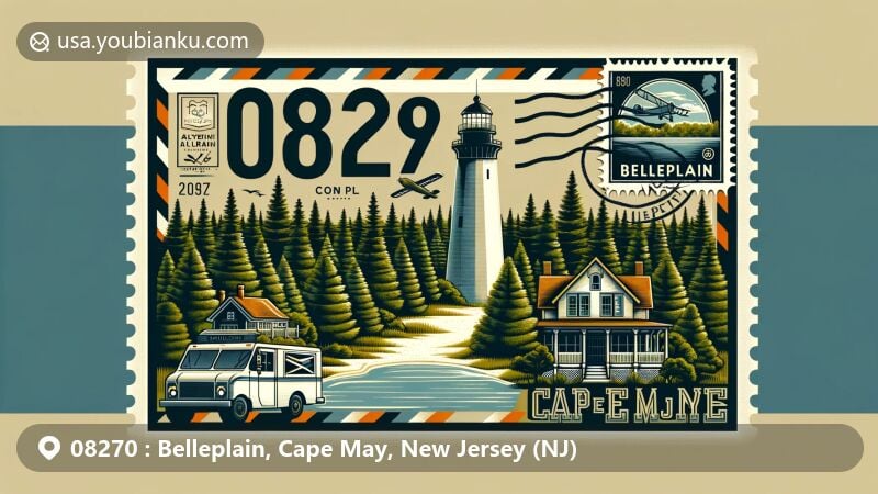 Modern illustration of Belleplain, Cape May, New Jersey (NJ), showcasing Belleplain State Forest with pine, oak, and Atlantic white cedar trees, Cape May Lighthouse, airmail envelope with Lake Nummy stamp, and postal elements.