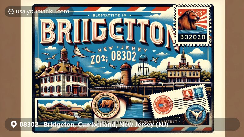 Modern illustration of Bridgeton, Cumberland County, New Jersey, featuring vintage airmail envelope with stamps representing zipcode 08302 and iconic elements like Potter's Tavern, Cohanzick Zoo, and Bridgeton Historic District.
