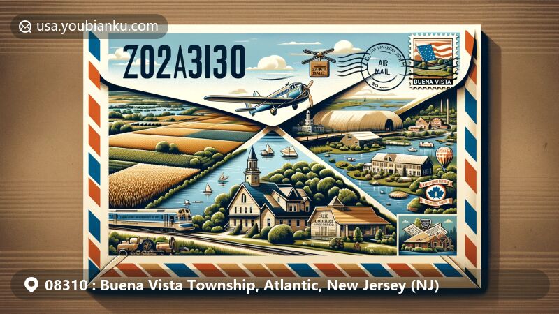 Vintage air mail envelope illustration showcasing Buena Vista Township, Atlantic County, New Jersey, with ZIP code 08310, featuring iconic landmarks, natural landscapes, and postal elements.