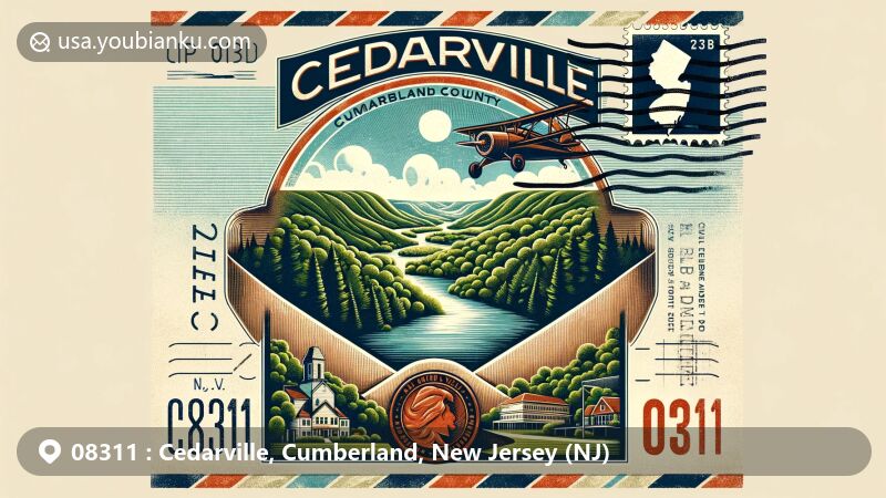 Vintage airmail envelope illustration for Cedarville, Cumberland, NJ ZIP code 08311, featuring detailed stamp with county outline and lush forests, alongside peaceful rural hills, classic ZIP code font, and postmark stamp.