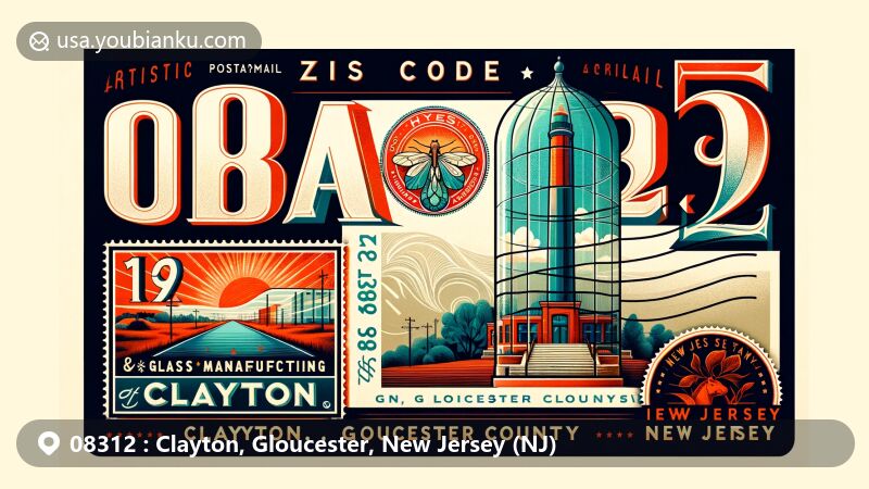 Modern illustration of Clayton, Gloucester County, New Jersey, showcasing postal theme with ZIP code 08312, featuring vintage airmail envelope and artistic representation of town's glass manufacturing heritage.