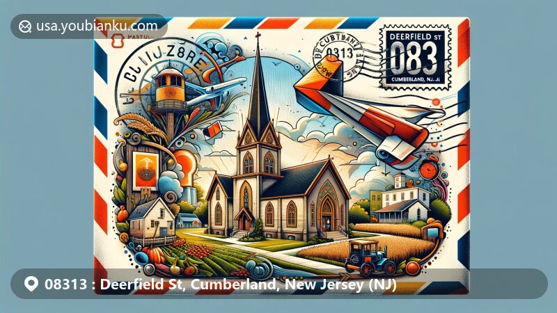 Vibrant illustration of Deerfield St, Cumberland County, New Jersey, featuring a creatively designed airmail envelope with ZIP code 08313, showcasing Deerfield Presbyterian Church, East Point Lighthouse, agricultural scenes, and New Jersey state flag.