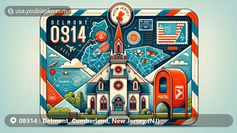 Vibrant illustration of Delmont, Cumberland County, New Jersey, showcasing postal theme with ZIP code 08314, featuring Delmont United Methodist Church and New Jersey state symbols.