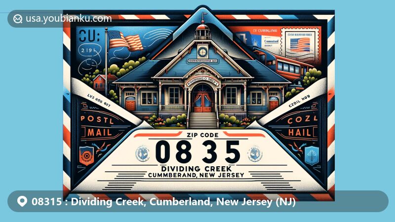 Modern illustration of Dividing Creek, Cumberland, New Jersey (NJ), representing postal theme with ZIP code 08315, featuring Dividing Creek Union Hall and New Jersey state flag.