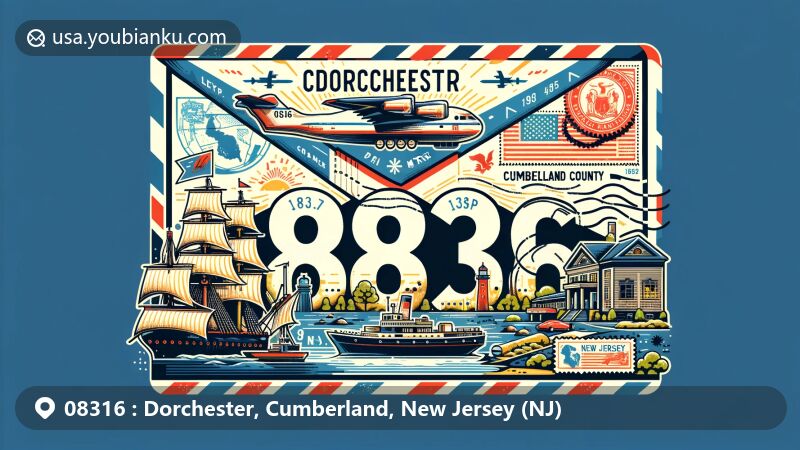 Vintage-style illustration of Dorchester, Cumberland County, New Jersey, showcasing postal theme with ZIP code 08316, featuring ship symbolizing local shipbuilding industry, A.J. Meerwald, county map outline, and New Jersey state flag.
