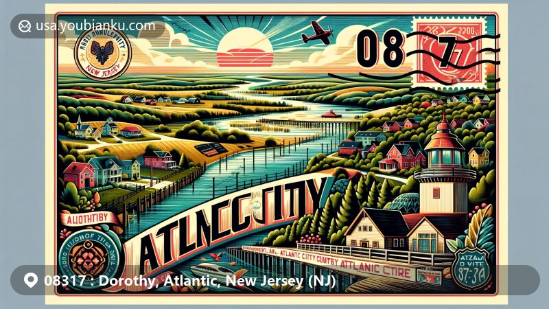 Modern illustration of Dorothy, Atlantic County, New Jersey, showcasing rural landscape with rolling hills, rivers, and forests, blending urban and rural life. Includes elements of nearby Atlantic City, such as iconic Boardwalk, and hints at resort and beach city vibe. Features '08317' ZIP code prominently with postal elements like vintage postage stamp and illustrated postal envelope.