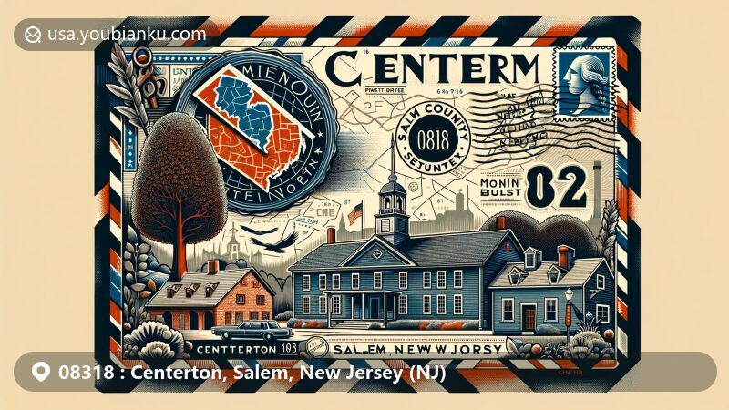 Modern illustration of Centerton, Salem, New Jersey, showcasing a postal-themed vintage airmail envelope with a prominent stamp featuring Salem County map and historic Centerton Inn, alongside postal cancellation mark and local cultural elements.