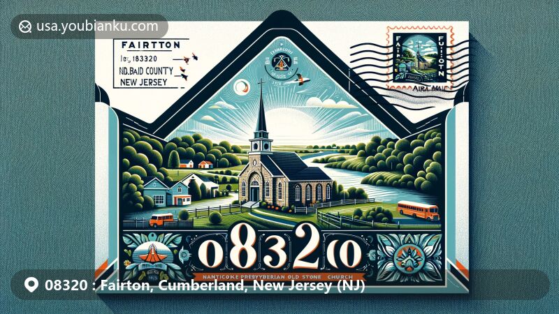 Modern illustration of Fairton, Cumberland County, New Jersey, showcasing airmail envelope design featuring ZIP code 08320 and Fairfield Presbyterian Old Stone Church.