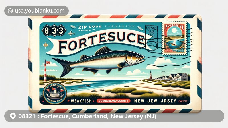 Vintage postcard illustration of Fortescue, Cumberland County, New Jersey, depicting beach scene, Delaware Bay, weakfish symbol, and postal elements like airmail envelope, vintage stamps, and Fortescue, NJ 08321 postmark.