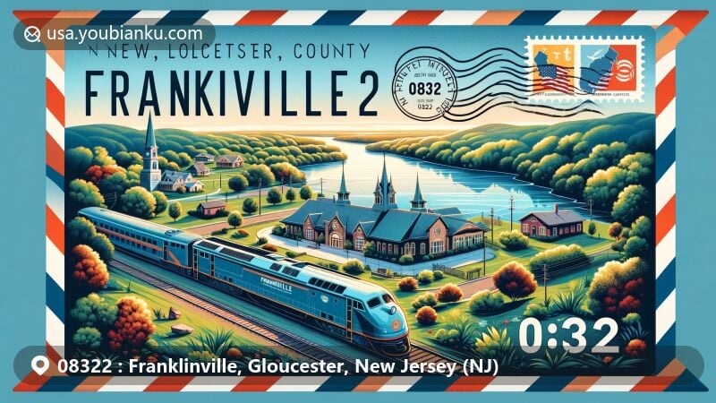 Modern illustration of Franklinville, Gloucester County, New Jersey, showcasing postal theme with ZIP code 08322, featuring Franklinville Lake, historic Franklinville Railroad Station, and lush greenery, creatively blending natural beauty and heritage.