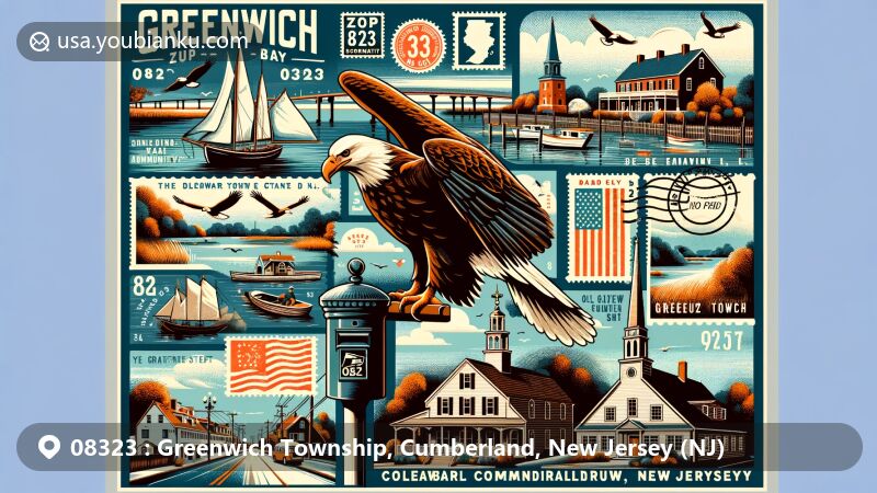 Vibrant illustration of Greenwich Township, Cumberland, New Jersey, showcasing natural beauty and historic landmarks, featuring Delaware Bay community with bald eagles, Greenwich Tea Burning Monument, Historic Gibbon House, Old Friends Meeting House, and Ye Greate Street.