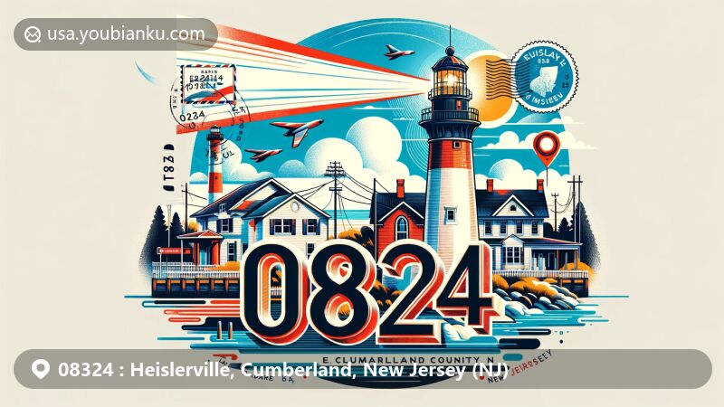 Modern illustration of Heislerville, Cumberland County, New Jersey, highlighting East Point Lighthouse and local natural elements like Delaware Bay and Maurice River, incorporating vintage postal elements.