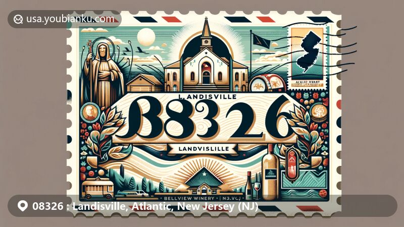 Modern illustration of Landisville, Atlantic County, New Jersey, capturing St. Padre Pio Shrine and Bellview Winery, with NJ state flag and postal elements for ZIP Code 08326.