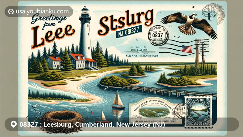 Vintage-style postcard showcasing Leesburg, Cumberland County, New Jersey, highlighting East Point Lighthouse, scenic rivers, osprey nest, and pine forests, symbolizing the area's natural beauty and rich history with ZIP code 08327.