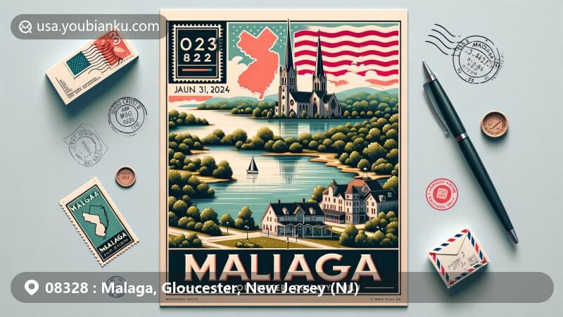 Modern illustration of Malaga, Gloucester County, New Jersey, featuring serene Malaga Lake, St. Mary's Catholic Church, and postal elements, highlighting local tranquility and architectural beauty.