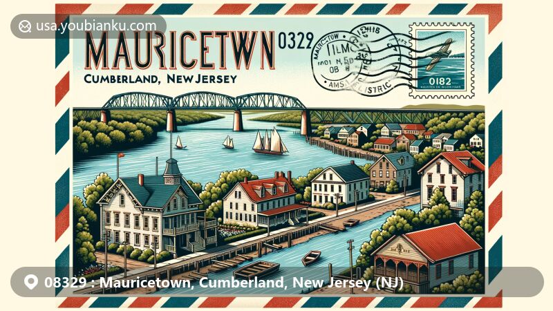 Modern illustration of Mauricetown, Cumberland, New Jersey, featuring historic Maurice River, Victorian and Georgian houses, and airmail design with ZIP code 08329 and Caesar Hoskins Log Cabin stamp.