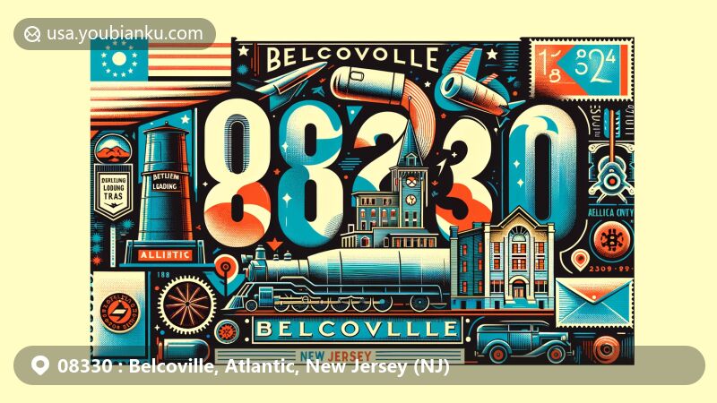 Modern illustration of Belcoville, Atlantic County, New Jersey, featuring artistic ZIP code 08330, vintage munitions plant representing historical connection with Bethlehem Loading Company, state symbols, postmark, vintage postal stamp, envelope, and postal truck.
