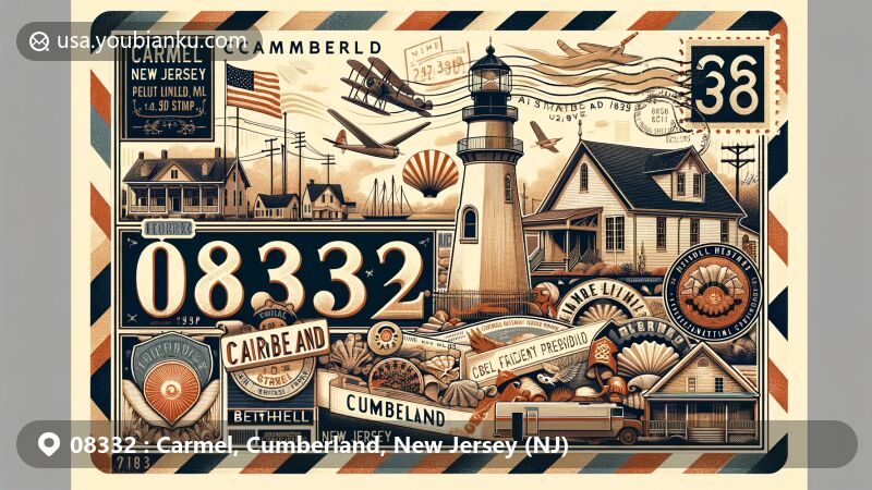 Detailed vintage-style illustration of Carmel, Cumberland County, New Jersey, with ZIP code 08332, featuring East Point Lighthouse, Fairfield Presbyterian Old Stone Church, Bethel AME Church, and Bivalve Shipping Sheds.
