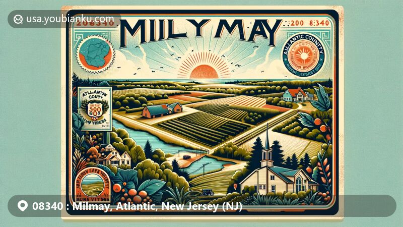 Modern illustration of Milmay, Atlantic County, New Jersey, presenting rural landscape in Buena Vista Township, featuring vineyards and brewery trails, with subtle map outline in the background.