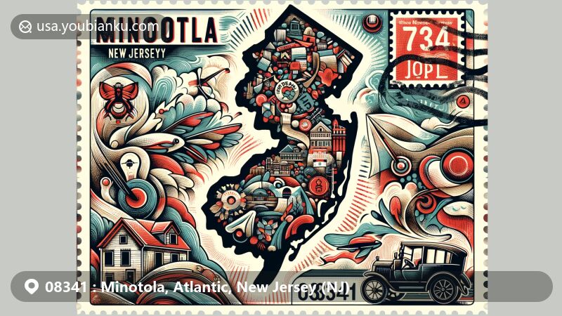 Modern illustration of Minotola, New Jersey, showcasing postal theme with ZIP code 08341, featuring state symbols and vintage postal elements.