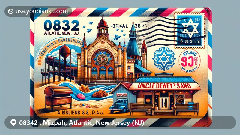 Modern illustration of Mizpah, Atlantic County, New Jersey, featuring postal theme with ZIP code 08342, showcasing Jewish synagogue, Uncle Dewey's barbecue stand, and Atlantic Sand & Gravel plant.
