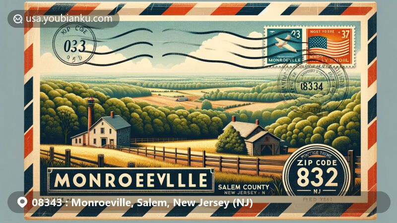 Modern illustration of Monroeville, Salem County, New Jersey, depicting rural landscape and postal stamp with ZIP code 08343, showcasing town's tranquility and natural beauty.