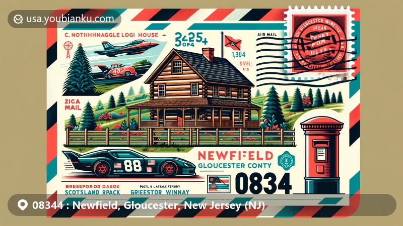 Modern illustration of Newfield, Gloucester, New Jersey, showcasing C.A. Nothnagle Log House, Scotland Run Park, Bridgeport Speedway, William Heritage Winery, NJ state flag, 08344 ZIP code stamp, postmark, and red mailbox.