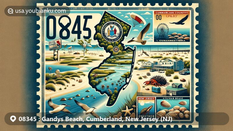 Modern illustration of Gandys Beach, Cumberland, New Jersey, capturing a postal theme with vintage airmail envelope design, featuring serene beach landscape, local wildlife, and oyster castle symbolism.