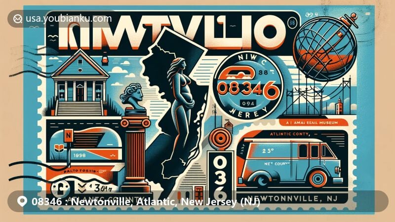Modern illustration of Newtonville, Atlantic County, New Jersey, featuring key landmarks like the African American Heritage Museum sculpture and postal elements with ZIP code 08346, showcasing vibrant colors and digital art style.