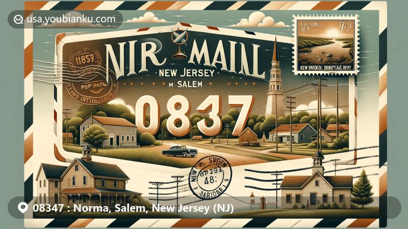 Modern illustration of Norma, Salem, New Jersey, capturing postal theme with ZIP code 08347, featuring vintage airmail envelope and local landmarks like Salem County Historical Society and Parvin State Park.
