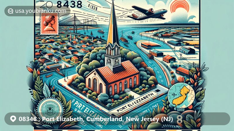 Modern illustration of Port Elizabeth, Cumberland County, New Jersey, showcasing postal theme with ZIP code 08348, featuring Port Elizabeth United Methodist Church and Manumuskin River.