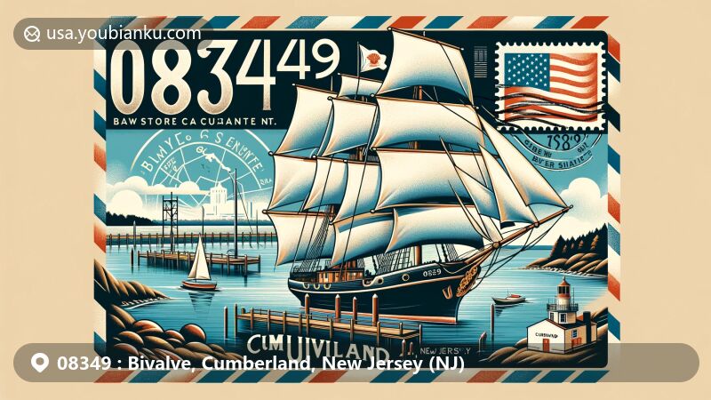Modern illustration of Bivalve, Cumberland County, New Jersey, focusing on postal theme with ZIP code 08349, showcasing state flag, county outline, Bayshore Center, 1928 Schooner AJ Meerwald, and tranquil Maurice River scenery.