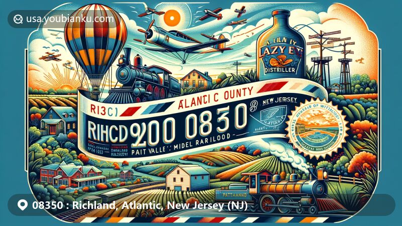 Modern illustration of Richland, Atlantic County, New Jersey, featuring key landmarks like Lazy Eye Distillery, Patcong Valley Model Railroad, and Sawmill Park, in a wide format resembling an airmail envelope with ZIP code 08350.