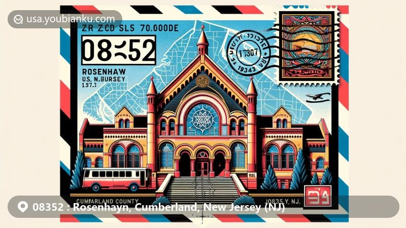 Modern illustration of Rosenhayn, Cumberland County, New Jersey, capturing postal theme with ZIP code 08352, featuring historic Rosenhayn synagogue and New Jersey state symbols.