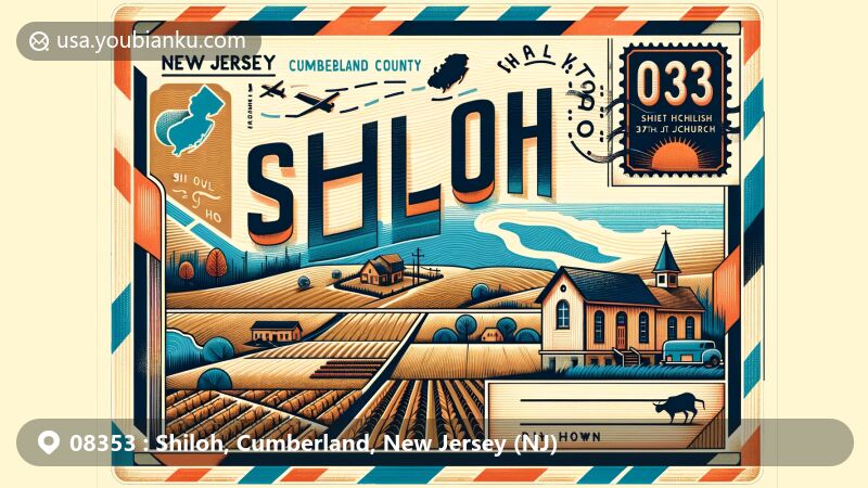 Modern illustration of Shiloh, Cumberland County, New Jersey, featuring postal theme with ZIP code 08353, showcasing rural landscape, small church, and vineyard, symbolizing area's history and local winery.