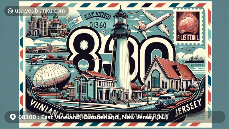 Modern illustration of East Vineland, Cumberland, New Jersey, highlighting maritime heritage and cultural landmarks, featuring East Point Lighthouse, historic buildings, Glasstown Arts District, and postal theme with ZIP code 08360.