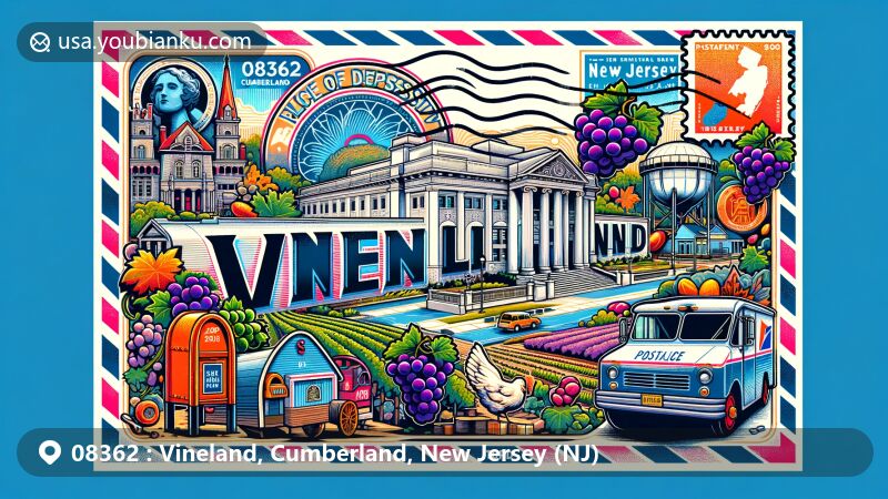 Modern illustration of Vineland, Cumberland, New Jersey, featuring iconic Palace of Depression, grape vineyards, poultry industry, vintage airmail elements, and New Jersey state flag with ZIP code 08362.