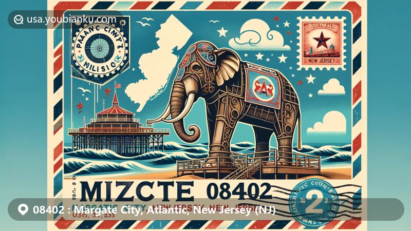 Modern illustration of Margate City, Atlantic, New Jersey, showcasing Lucy the Elephant, a National Historic Landmark, on a vintage-style postcard with ocean and beach elements. Includes New Jersey outline, postal details, and vibrant colors.