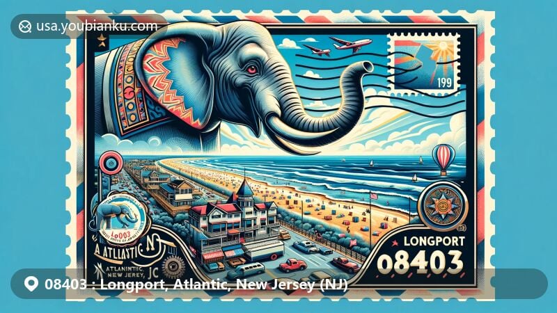 Modern illustration of Longport, Atlantic County, New Jersey, showcasing coastal charm with iconic Lucy the Elephant, postal elements, and ZIP code 08403.