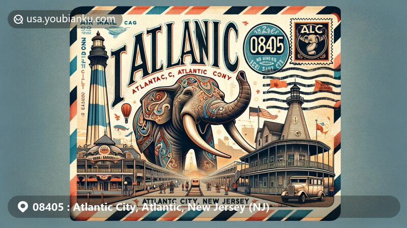 Vintage illustration of Atlantic City, Atlantic County, New Jersey, highlighting postal theme with ZIP code 08405, featuring Lucy the Margate Elephant, Atlantic City Boardwalk, and Absecon Lighthouse.