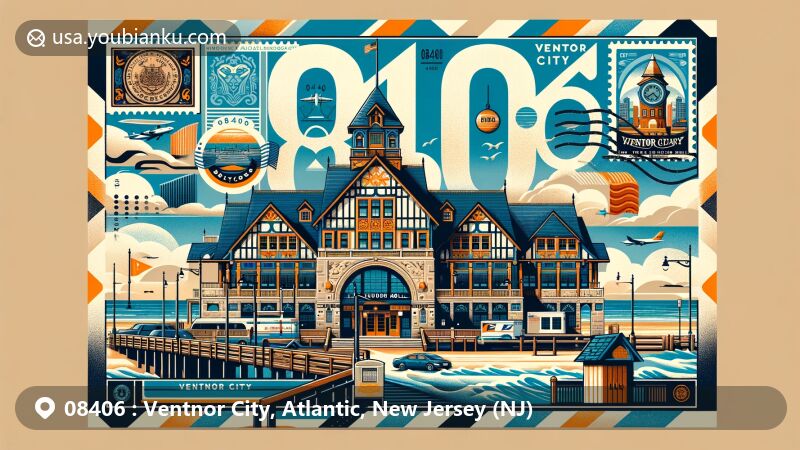 Modern illustration of Ventnor City, Atlantic County, New Jersey, blending postal and coastal themes with iconic landmarks like the Ventnor City Municipal Hall and Boardwalk, featuring a vintage postage stamp and '08406' postal cancellation mark.