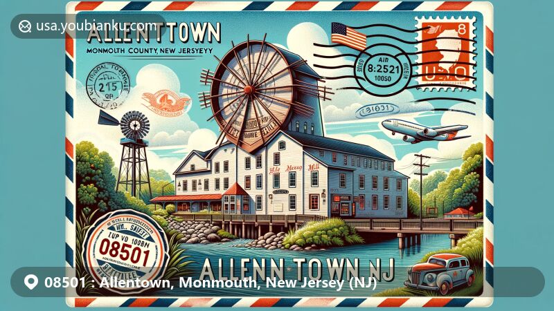 Modern illustration of Allentown, Monmouth County, New Jersey, featuring Allentown Mill and postal theme with ZIP code 08501, showcasing local history and community spirit.