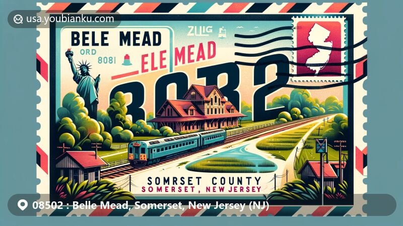 Modern illustration of Belle Mead, Somerset County, New Jersey, featuring postal theme with ZIP code 08502, showcasing abandoned train station and lush greenery, integrated with New Jersey state silhouette.