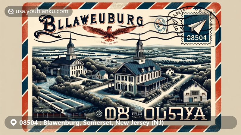 Vintage-style illustration of Blawenburg, Somerset, New Jersey, depicting iconic landmarks like James Van Zandt Mansion, Blawenburg Reformed Church, and William Sherman House, set against a backdrop of rolling hills and green farms, with prominent '08504' ZIP code and New Jersey state flag stamp.