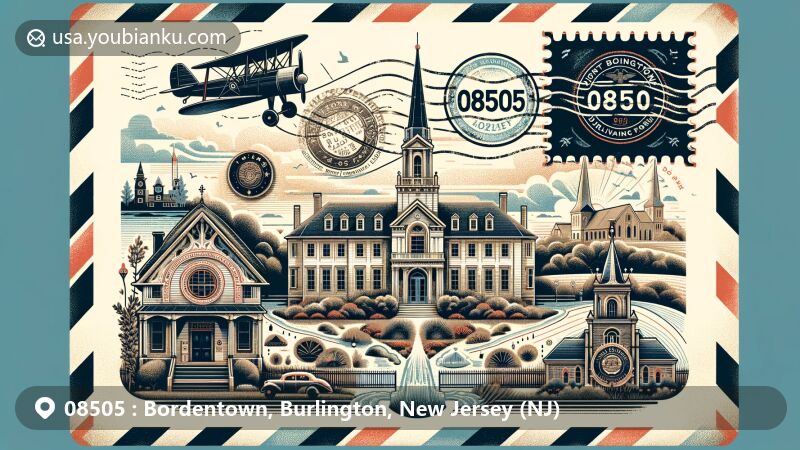 Modern illustration of Bordentown, Burlington, New Jersey, featuring Point Breeze Estate, First Baptist Church, postal stamp with ZIP code 08505, Delaware River, and local historical figures.