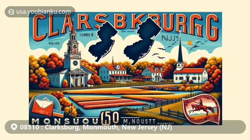 Modern illustration of Clarksburg, Monmouth, New Jersey, highlighting postal theme with ZIP code 08510, featuring key landmarks like Clarksburg Methodist Episcopal Church and Clarksburg School, as well as scenic landscapes of Millstone Township.