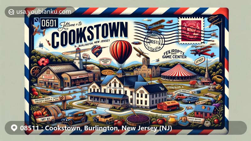 Modern illustration of Cookstown, Burlington County, New Jersey, featuring postal theme with ZIP code 08511, showcasing Fort Dix and diverse local attractions.