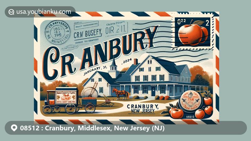 Vintage-style illustration of Cranbury, Middlesex County, New Jersey, with ZIP code 08512, featuring Cranbury Inn and Melick's Town Farm, showcasing local harvest and rural charm, complemented by apple cider donuts and a rural store, alongside a New Jersey state flag postage stamp.