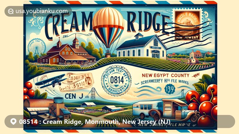 Modern illustration of Cream Ridge, Monmouth County, New Jersey, highlighting Cream Ridge Winery, Screamin’ Hill Brewery, New Egypt Flea Market, and dairy farming heritage, with postal theme and ZIP code 08514.