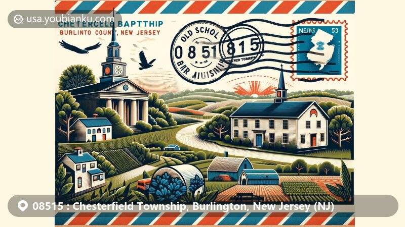 Artistic depiction of Chesterfield Township, Burlington County, New Jersey, resembling a wide-format air mail envelope with iconic landmarks like the Old School Baptist Meeting House and Chesterfield Township Park, showcasing rural charm and agricultural heritage.